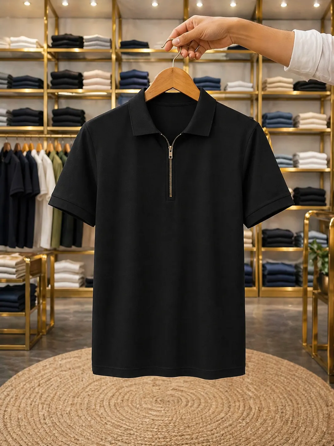 Men's Black Zip-Up Polo T-Shirt